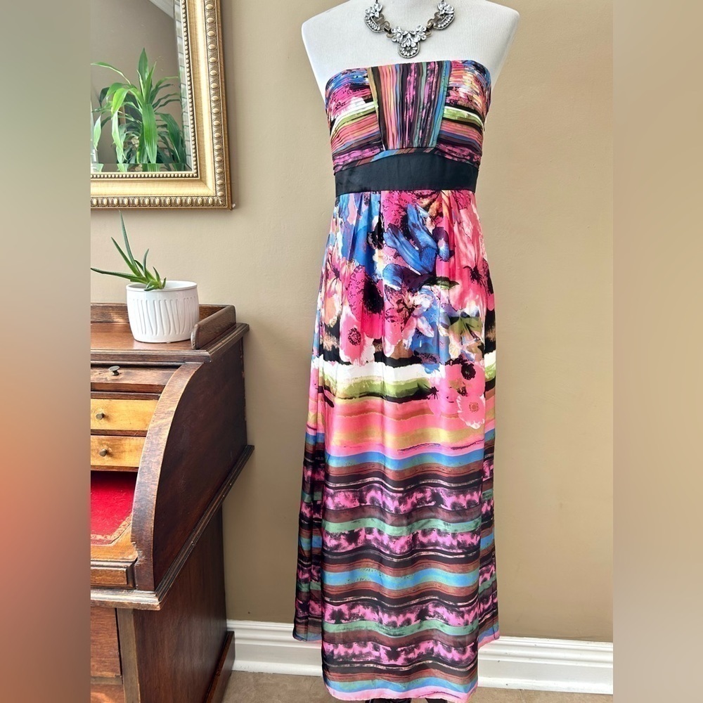 Sue Wong Colorful Watercolor Strapless Floral Pleated Gown Maxi Dress Size 6